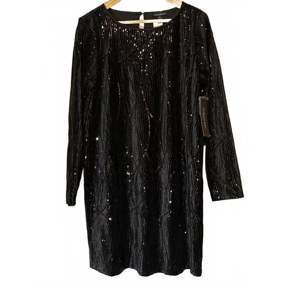 Tribal Femme Black Sequin Embellished Long Sleeve Dress G/L
